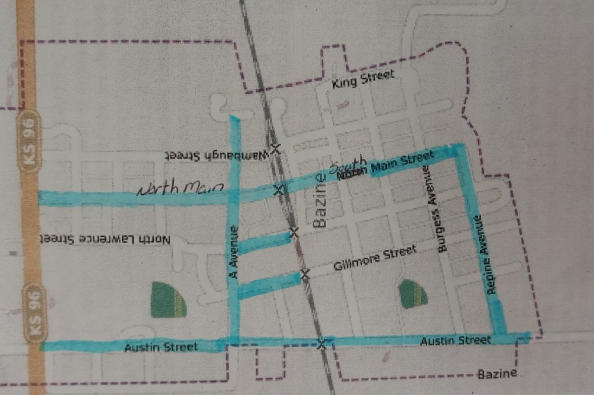 Map of Bazine City Streets with Truck Routes Highlighted